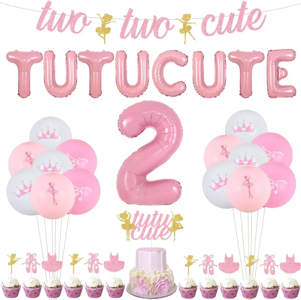 

Черевельная розовая балерина, украшение для вечеринки в честь 2-го дня рождения для девочек, два милых баннера, топперы для торта, комплект воздушных шаров из фольги для девочек