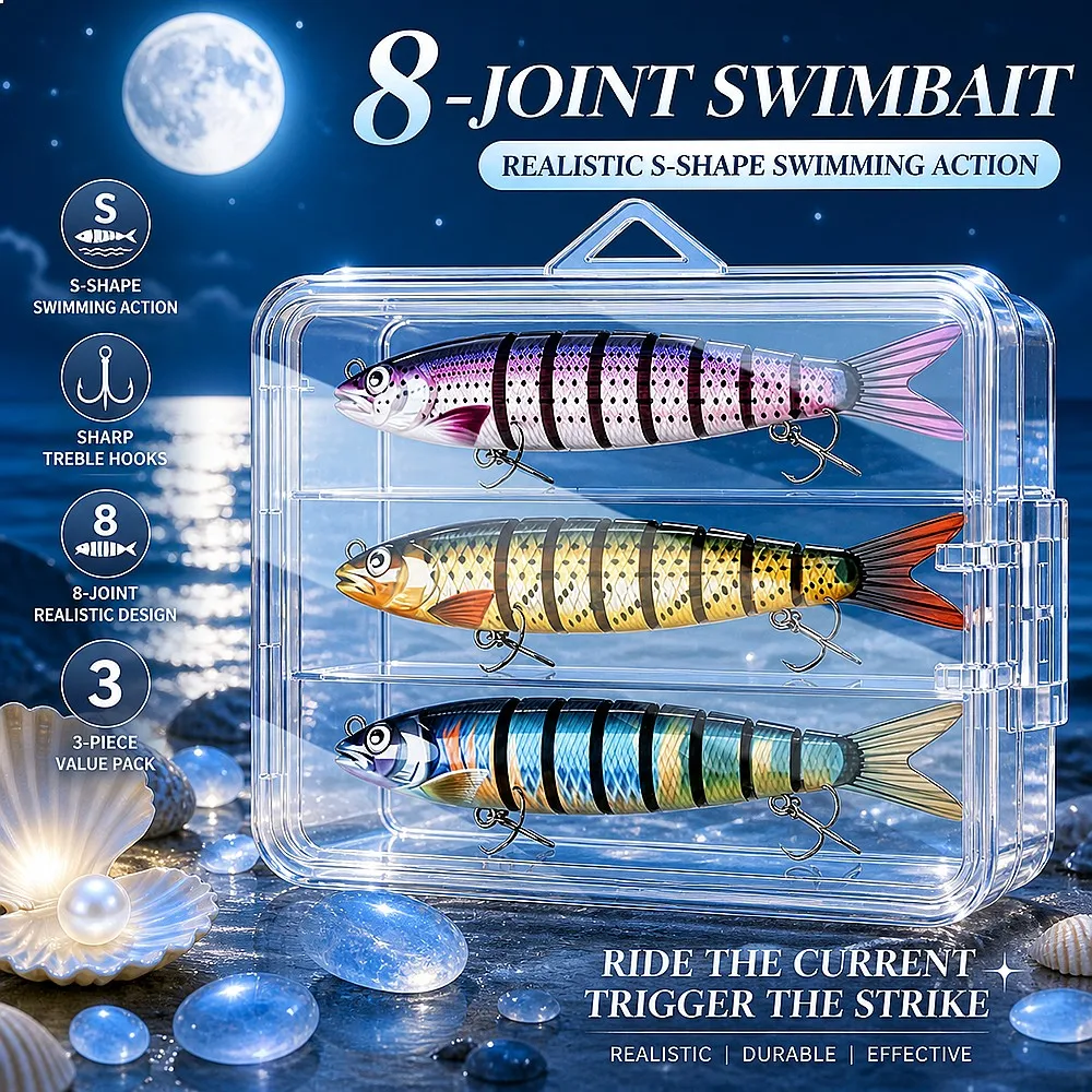 3 Pcs 19g 8-Segment Hard Lures S Shaped Swim Action Sharp Treble Hooks Storage Box for Freshwater Saltwater Bass Trout Pesca