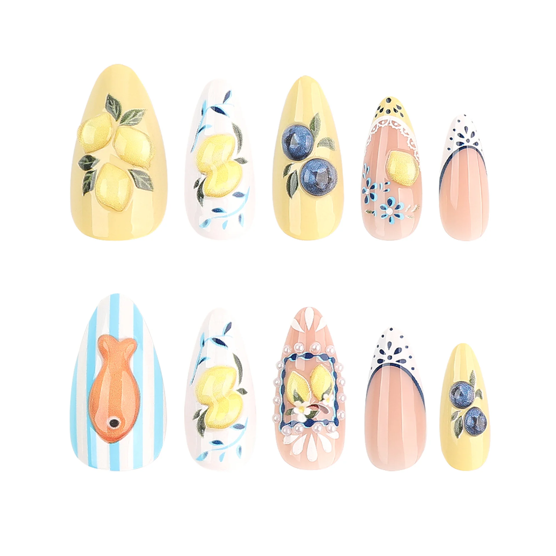 3D Stereo Wearable Nail Tips Almond Shape Blueberry Lemon Design False Nails Artificial Nail Tips for Beauty Manicure