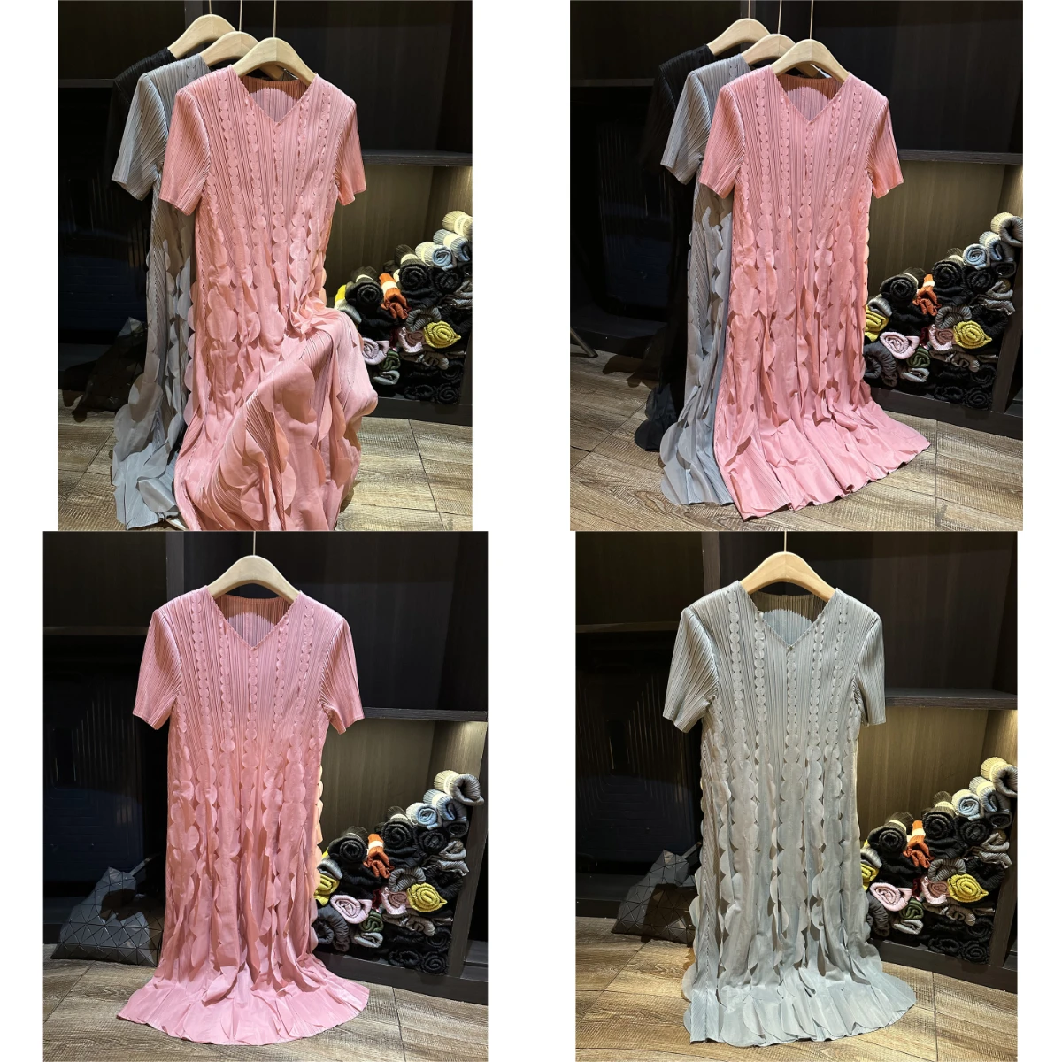 

Miyake Fold 2025 Summer New V-neck Dress with Folding Women's Heavy Industry Three Dimensional Petal Fashion Mid Length Skirt