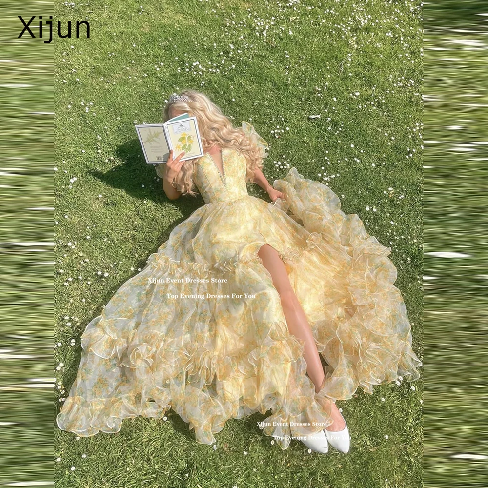 

Xijun Princess Printed Long Prom Dresses Puff Sleeves A-Line Slit Party Dresses Birthday Floor Length Ruffle Prom Gowns Customiz