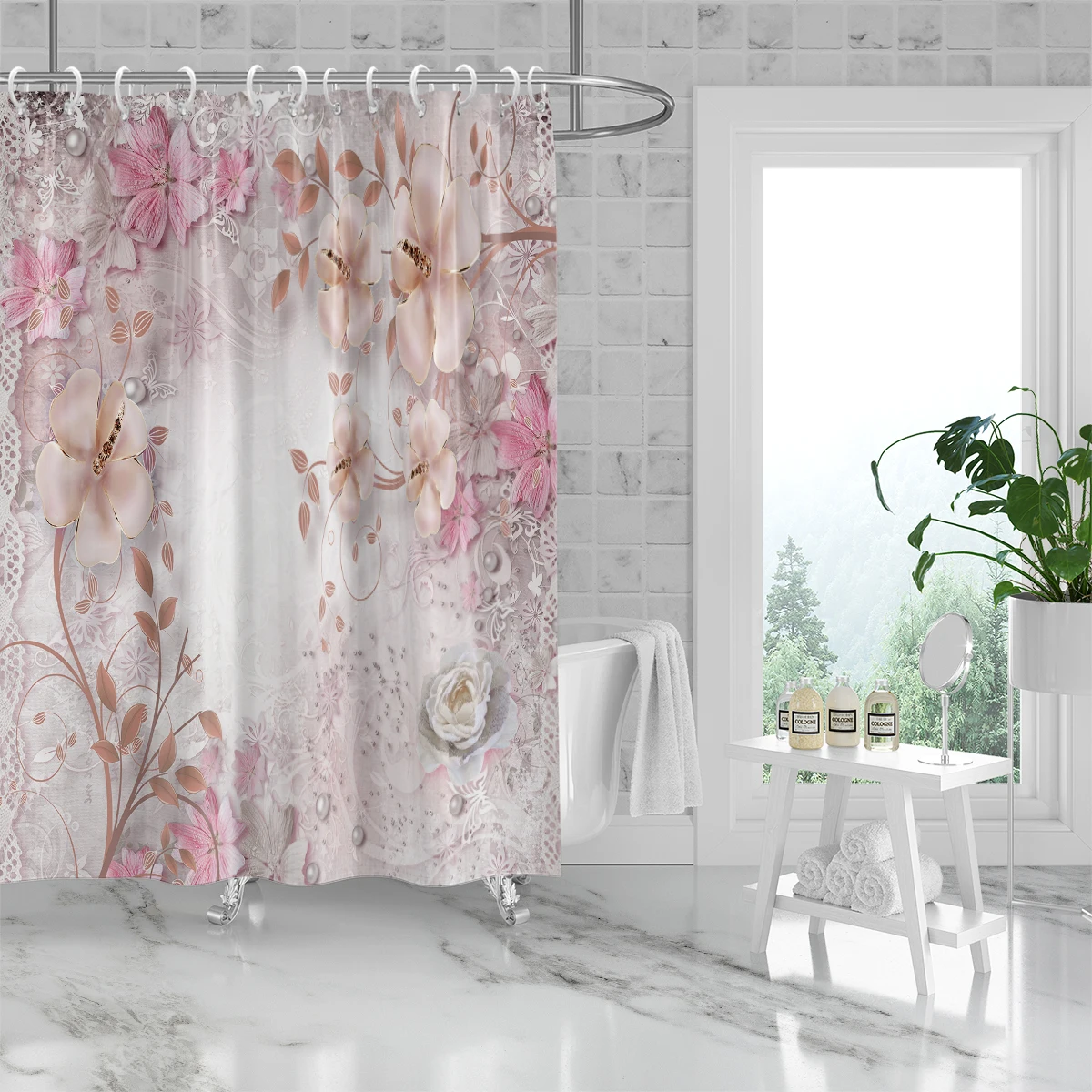 1PC Pink lace flowers printed shower curtain, waterproof, washable, with 12 hooks, bathroom shower, home use