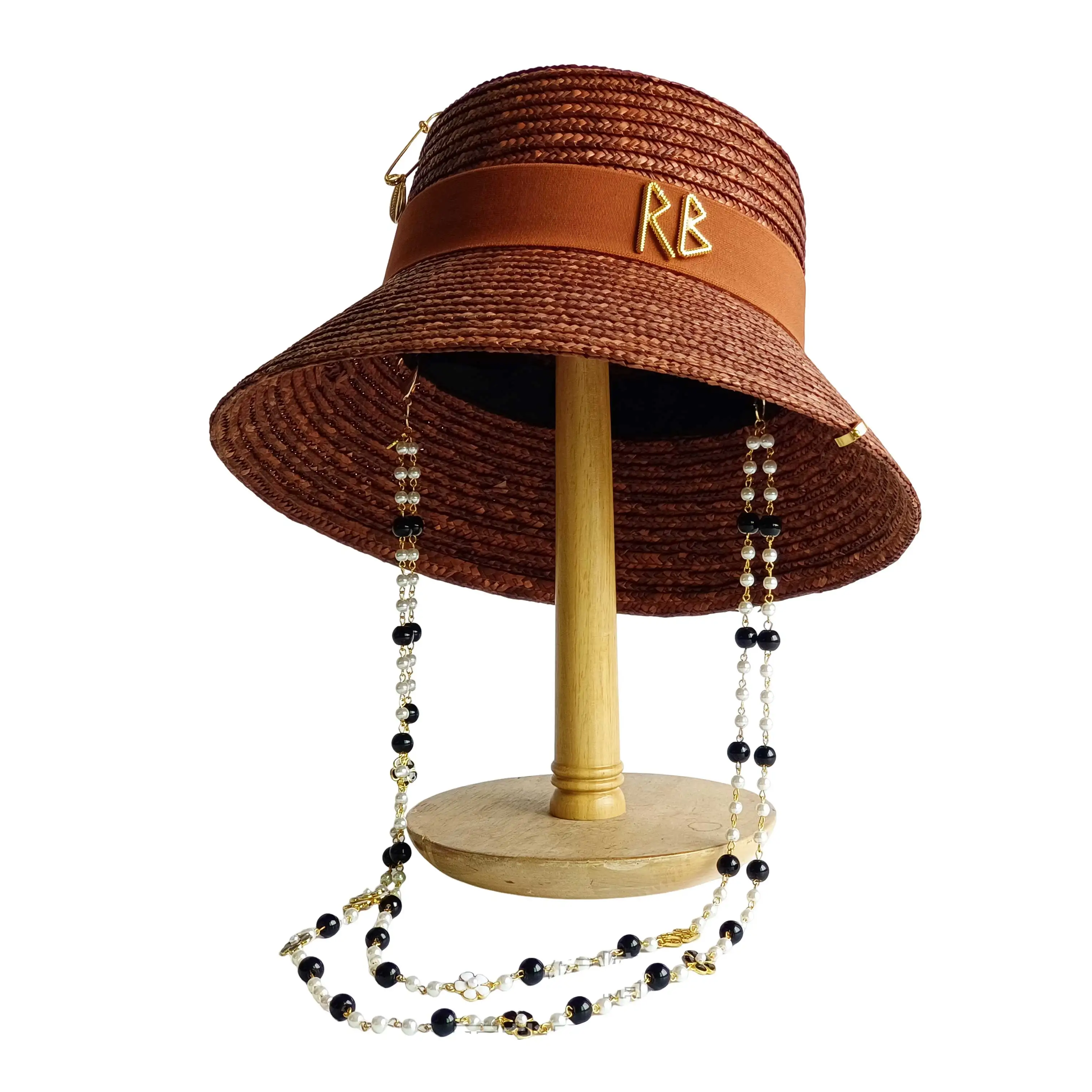 Chain Strap Straw Hat sun hat 2026 summer straw hat pearl new elastic ribbon hat Bucket Hat  sombrero para sol mujer