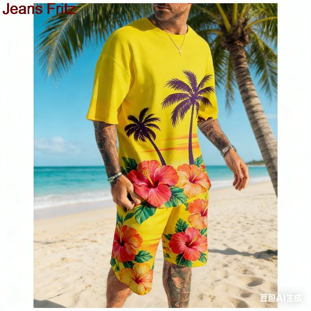 Summer Men's T-Shirt Set For Hawaiian Style Two Piece T-shirt Pants Set Breathable Vacation Set 3D Beach Sports Set Men Clothing