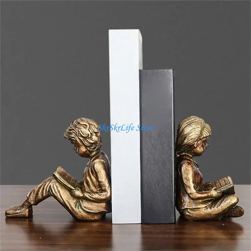 E65E Bronze Tone Reading Child Bookends Resin Book Stoppers for Shelf Desk Display