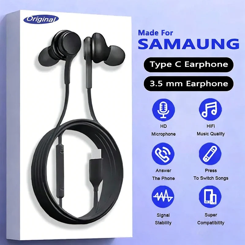 Type C Wired Microphone Earphone For Samsung Galaxy S25 24 S23 S22 S21 Ultra Plus In Ear 3.5 MM Earbuds For Work Music Calls