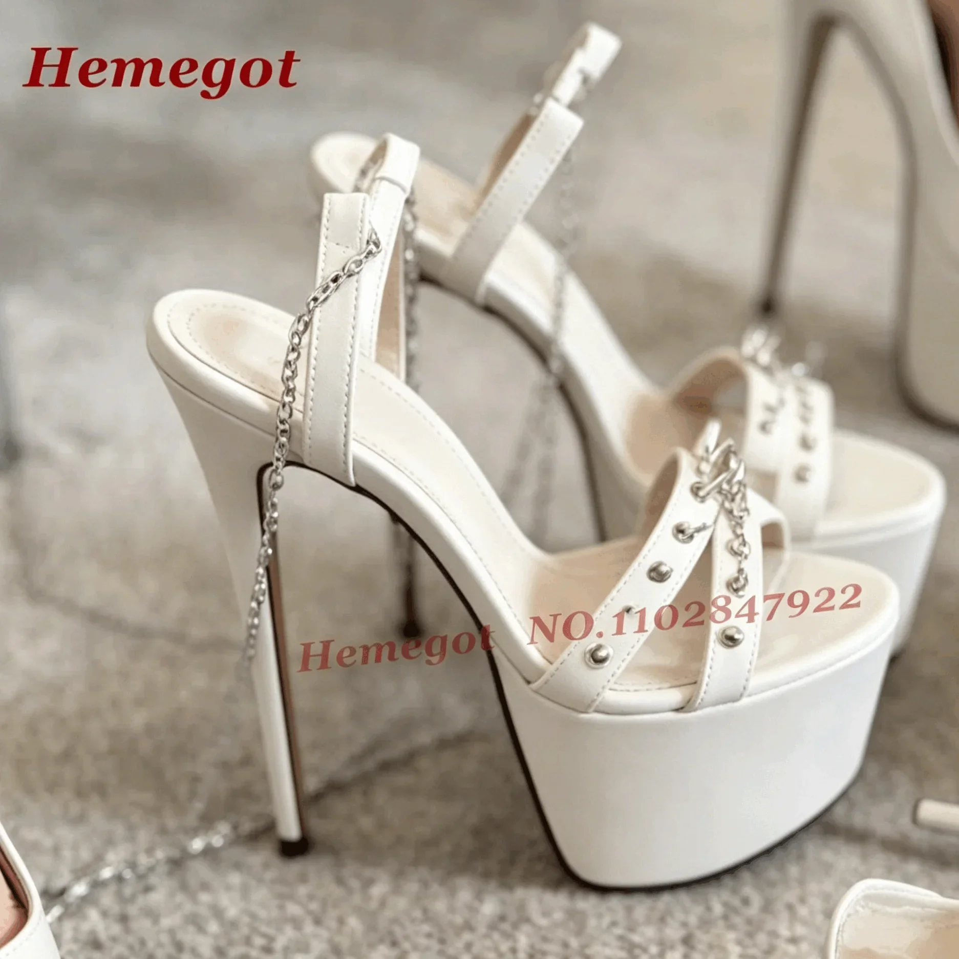 Open Toe Thin Stiletto Punk Rivet Super High Heels Black Spiked Platform Slingback Sandals Chain Decor Splicing Runway Shoes