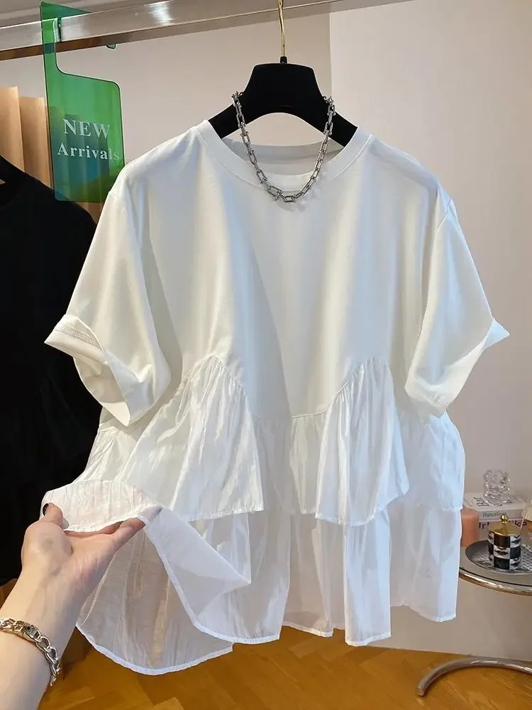 

2025 New Summer Short-Sleeved T-shirt Women's Loose Lotus Leaf Shirt Fluffy Temperament Stitching Shirt ZT140