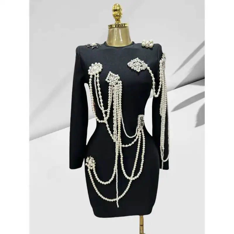 LEOSOXS สตรีชุดกํามะหยี่สีดําแขนยาวเพิร์ล Rhinestone Embellished Elegant Evening Party ชุดราตรีชุดราตรีชุด