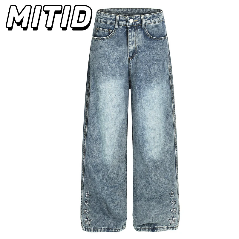 

Autumn Denim Pants Men Casual Straight Wide Leg Pant Men Hip Hop American Retro Star Embroidery Jeans For Men And Women