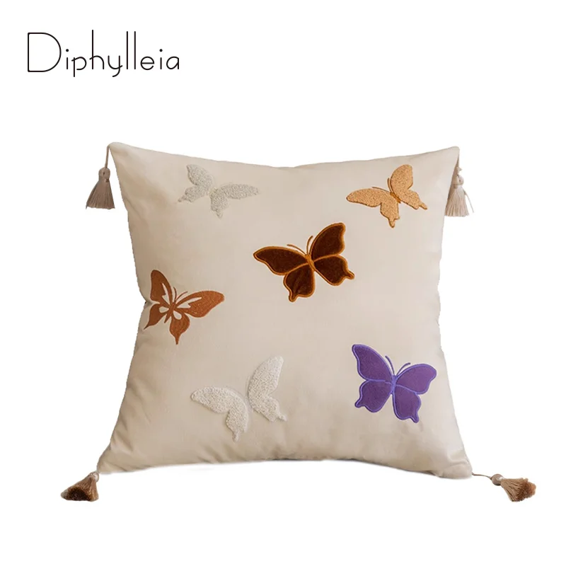 Diphylleia Butterfly Embroidered Cushion Cover With Tassels French Retro Queen Pillowcase 45x45cm Elegance And Comfort Home Deco