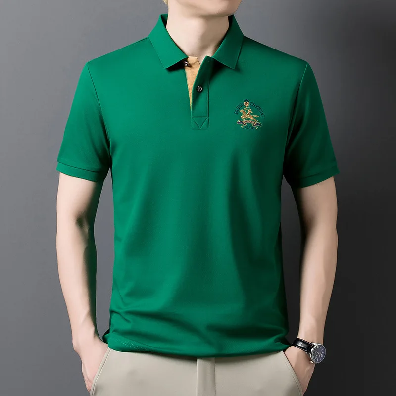 Summer Men's Short Sleeved Embroidered Lapel T-shirt Lightweight Streetwear Fashionable Breathable Retro Business Casual Top