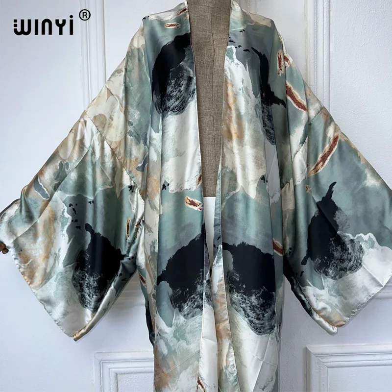 Winyi Kimono Sommer abstrakte Druck Strickjacke weibliche Bluse Abaya vertuschen Strand Frauen Boho Maxi Kleid Party Kaftan