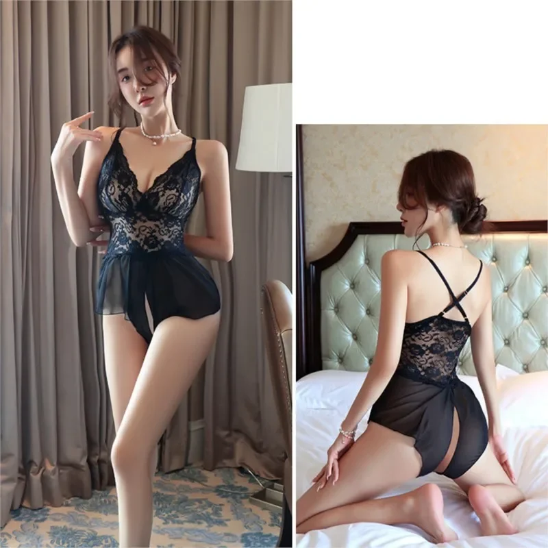 Sexy lingerie Deep V-shaped hollow thin mesh perspective nightgown Short sets Babydoll Women\'s clothing sexy costume woman xxx