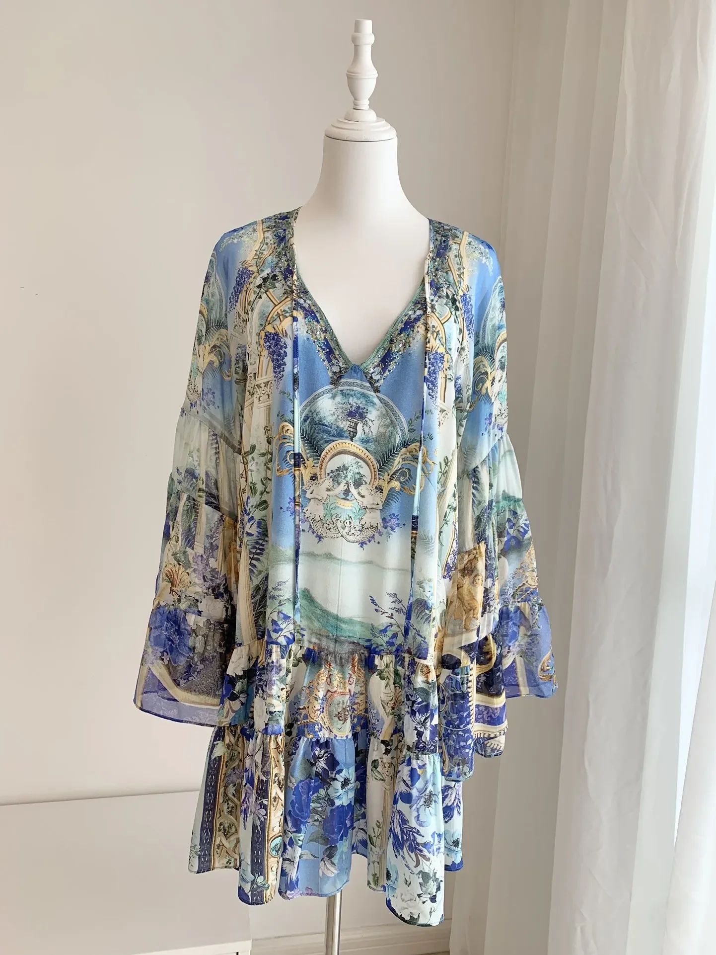 Short Robes for Women 2024 New Spring Summer 100% Silk Ribbon Flower Printed Beaded V-Neck Loose Casual Full Sleeve Mini Dress