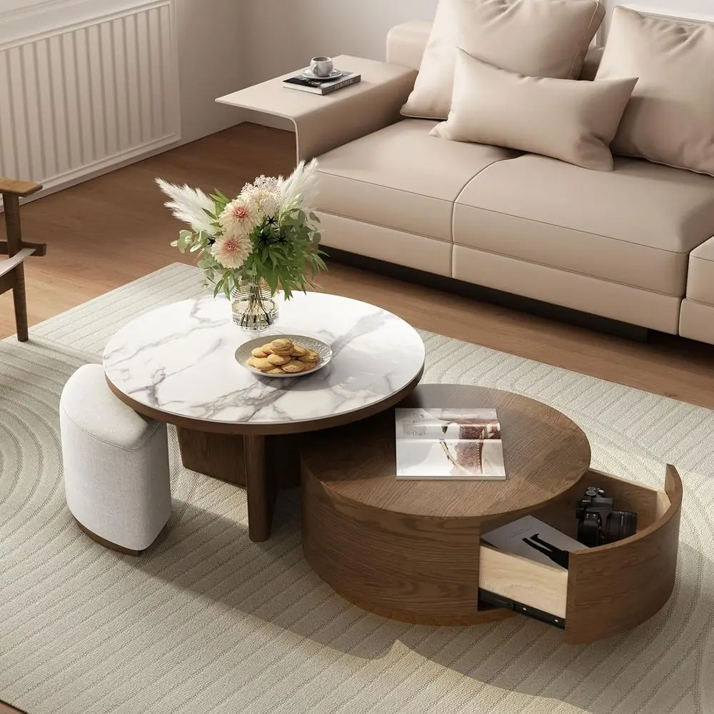 

Walnut Round Coffee Table Set with Marble Top and Stools - Modern Living Room Furniture
