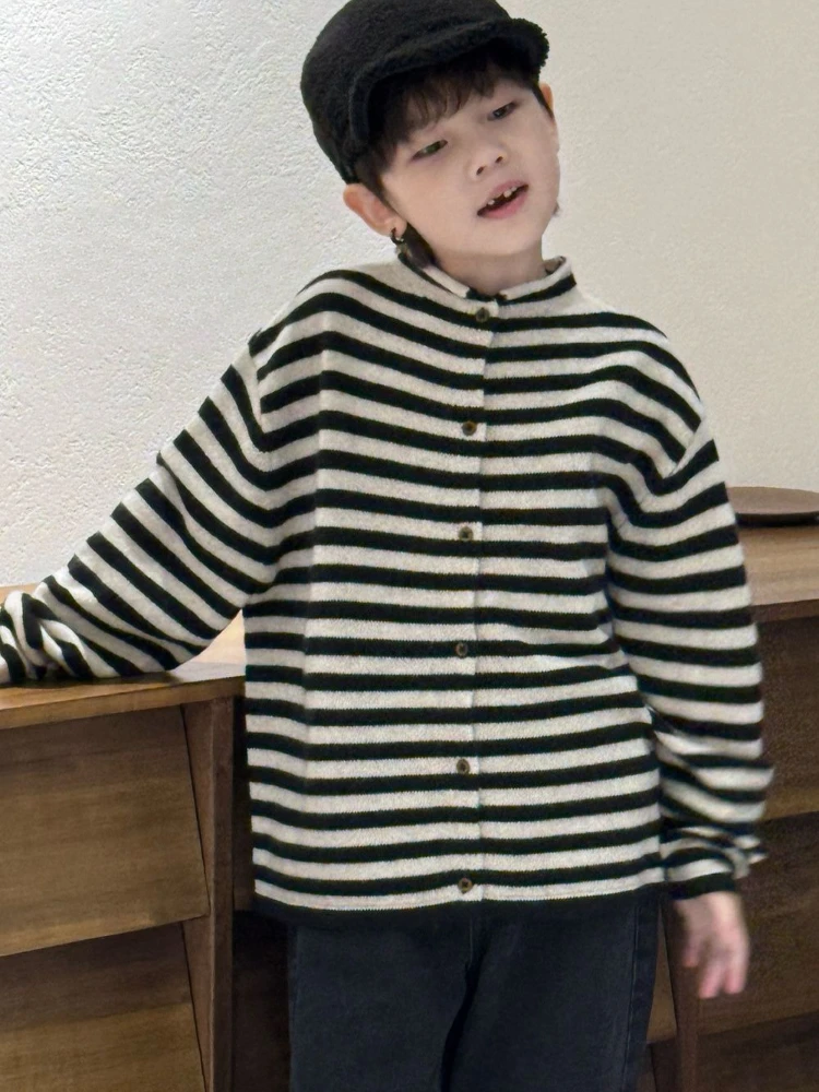 Boys Knit Cardigan Sweater Striped Open Front Jacket Casual Outerwear Top 2026 Spring Autumn New Fashion Streetwear