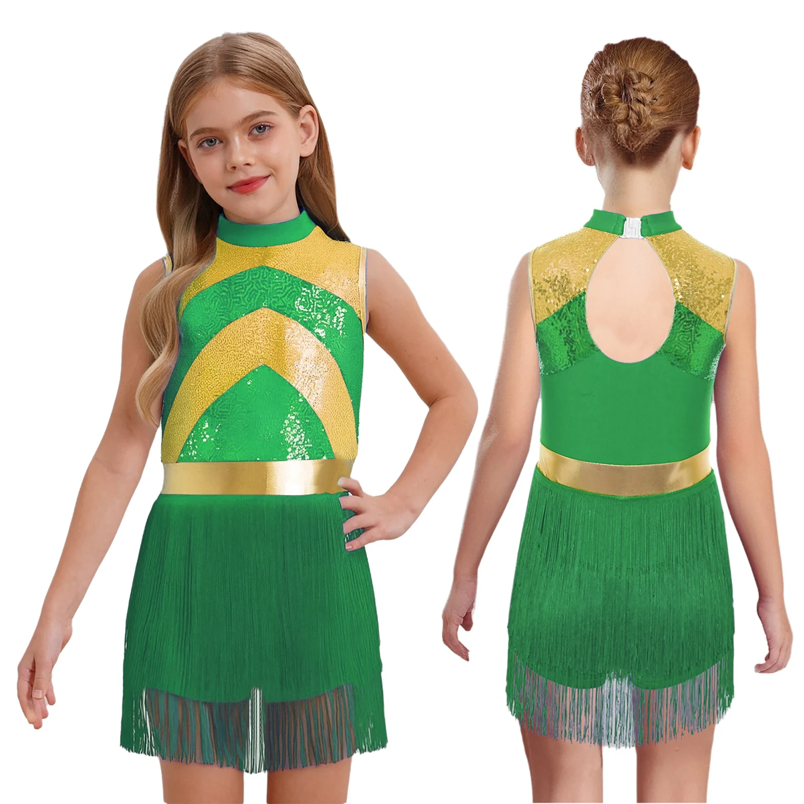 

Children Girls Lyrical Latin Jazz Dance Clothing Mock Neck Sleeveless Shiny Sequins Tassels Salsa Dress for Dance Class Practice