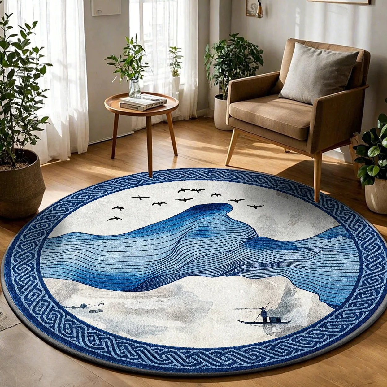 Oriental Chinese Style Landscape Round Rug,Blue Ink Wash Mountain Fisherman Bird Print Circular Floor Mat,Living Room Bedroom
