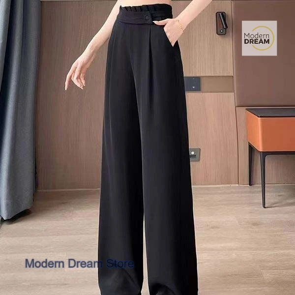 Korean style fashion high waist polyester pants women's summer new loose and slim new drape casual straight wide-leg pants.
