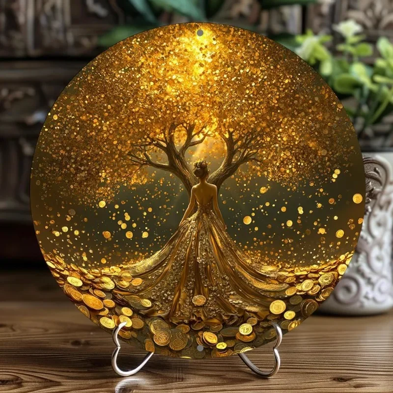 Golden Tree of Life Round Aluminum Sign, Perfect for Home, Office, Bar Decor, Ideal Valentine's Day & Holiday Gift, Room Decor