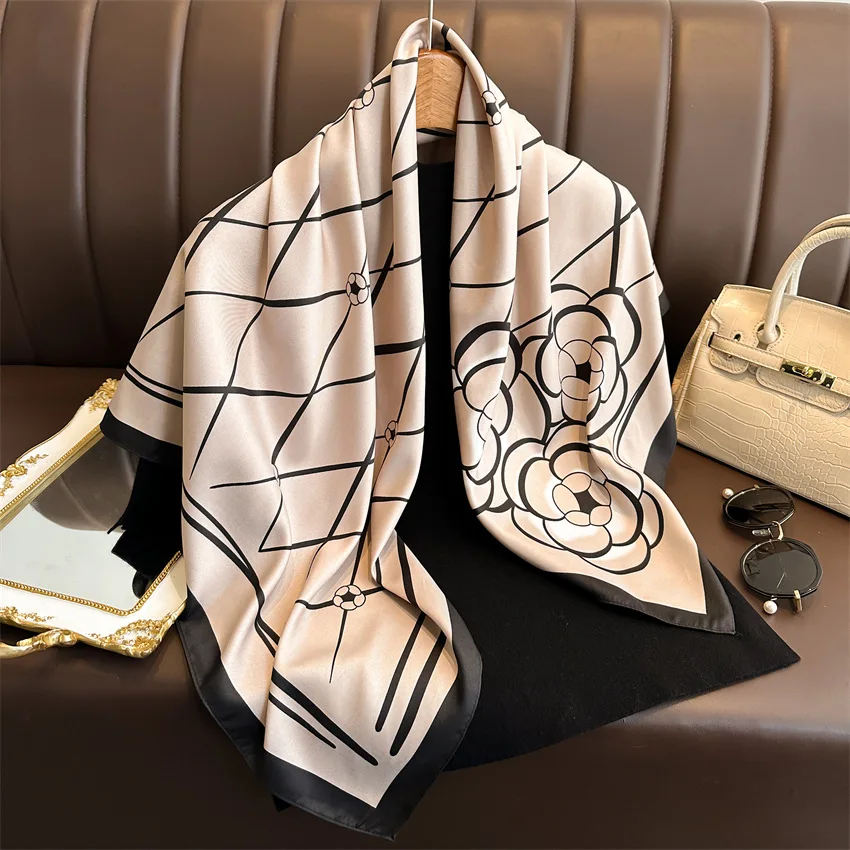 90*90cm Silk Scarves Women Print Satin Square Head Hijab Ladies Luxury Shawl Bandanna Female Muffler Chiffen Wrap Foulard Ribbon