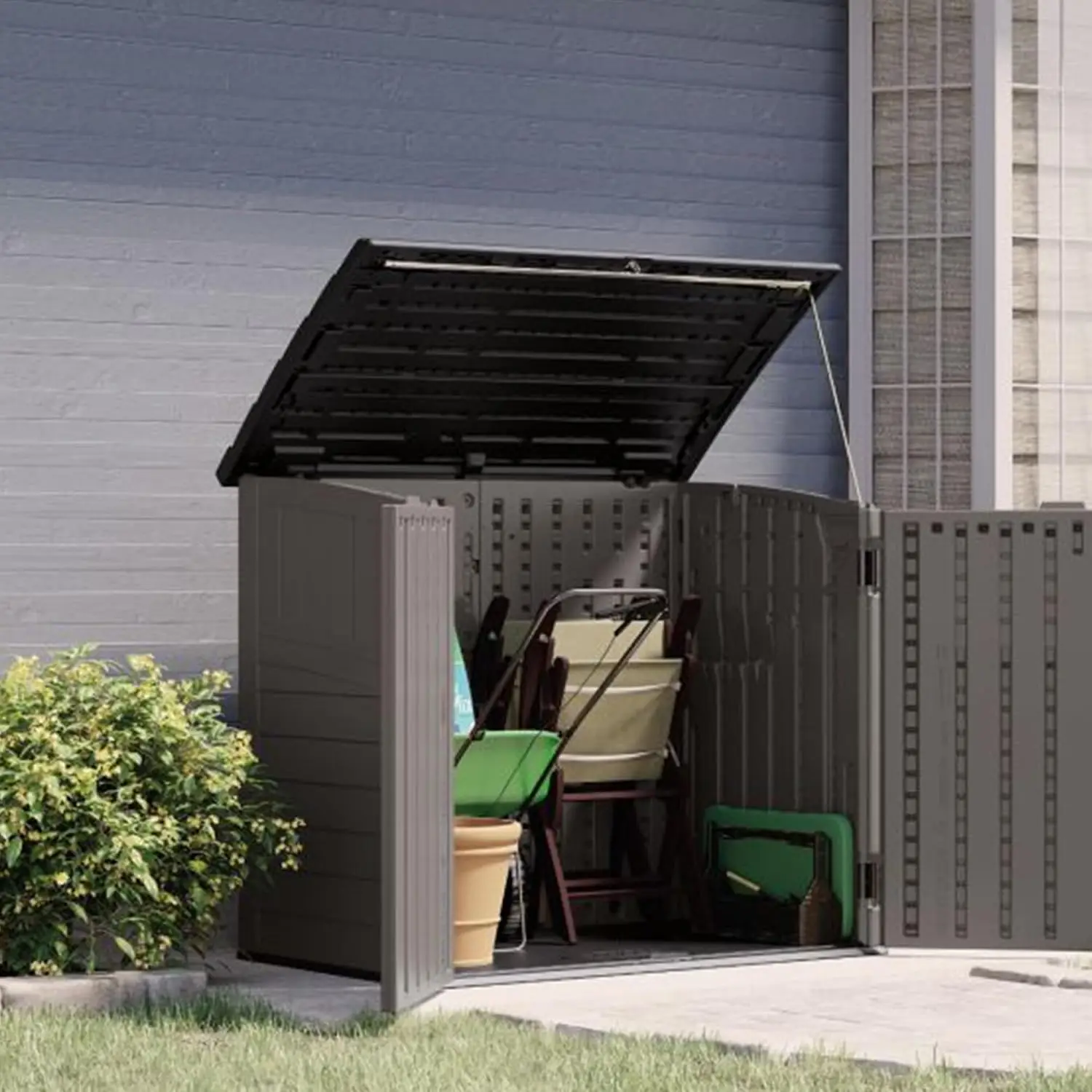 Outdoor Storage Shed For Backyard Garden Horizontal Portable Utility Deck Cabinet Tool Box Equipment Organizer Bin Lockable Double Doors Stoney Grey view 4