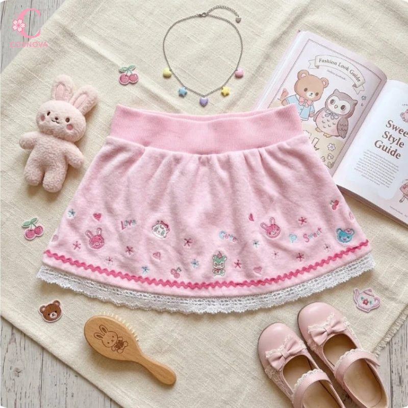 Japanese 2026 Kawaii Y2k Sweet Lace Patchwork Embroidery Skirt Womens JK Lace Patchwork Mini Skirt Sweet Lolita Grunge Faldas