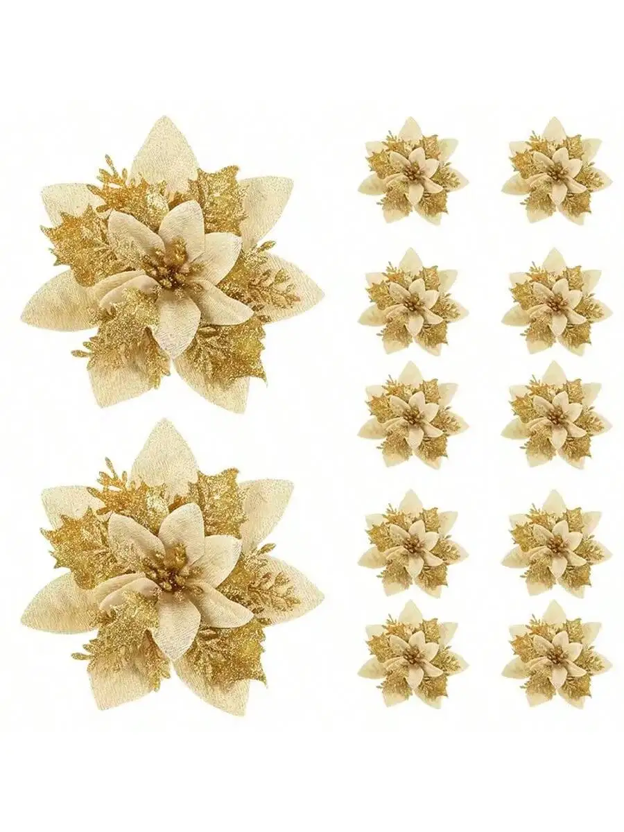 10-50pcs Glitter Christmas Flowers Xmas Tree 14cm Artifical Flower Ornaments 2026 Merry Christmas Decoration For Home New Year