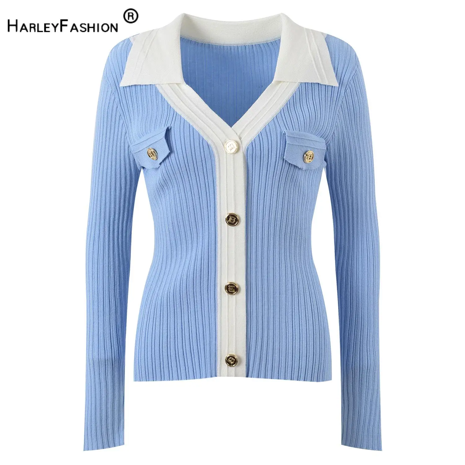 Lady Elegant Style Colorblock Autumn Winter Turn-down Collar V-neck Long Sleeve Single-breasted Coat Women Knits Cardigan