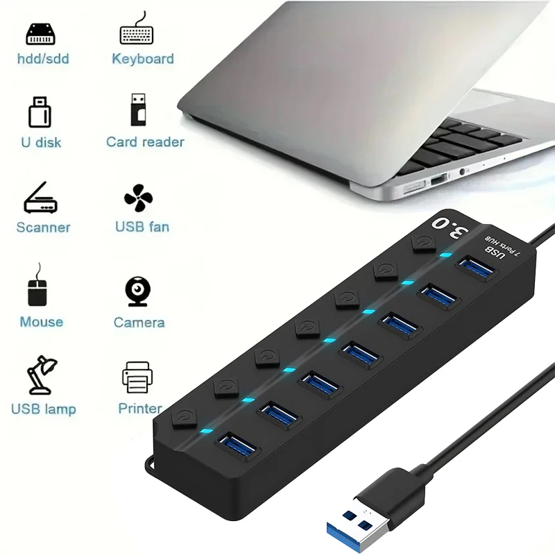 USB HUB 3.0 Mehrfach-USB-Anschluss Hochgeschwindigkeits-Splitter 7-Port 5Gbps Hub Netzteil Mit Schalter Langes Kabel Mit Mehrfach-Erweiterungshub