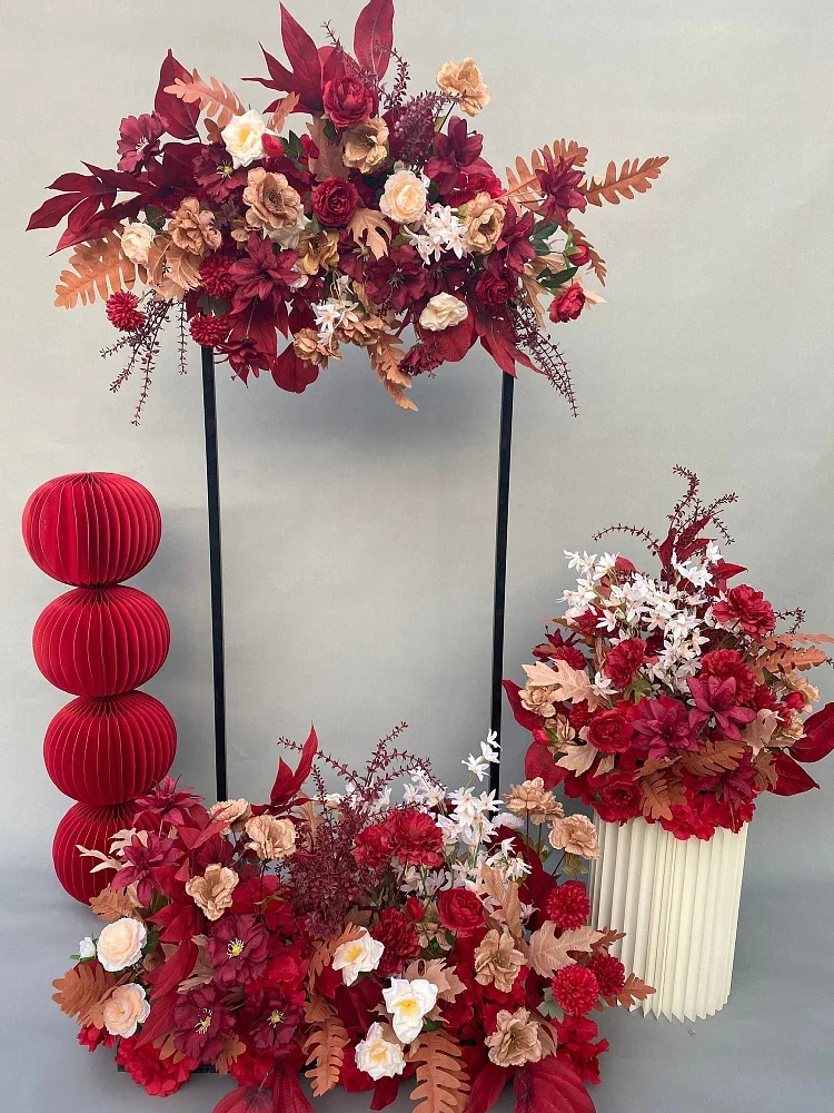 

Wedding flower row red Chinese engagement banquet arrangement wedding hall stage road flower wedding silk flower row