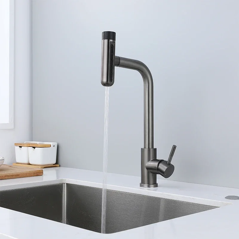 6 Mode Gray Kitchen Faucets Pull Out Rotation Waterfall Black Stream Sprayer Head Sink Mixer Brushed Nickle Water Tap Accessorie