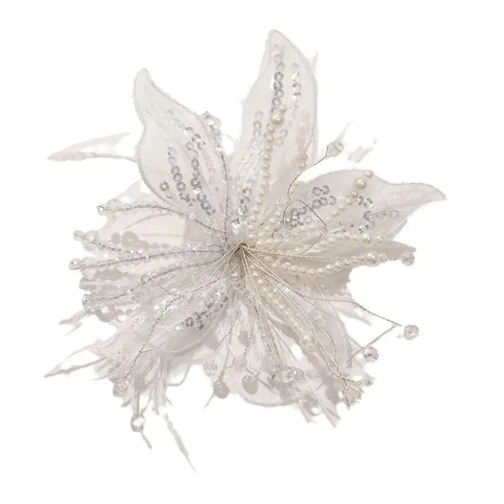 Feather Pearl 3D Organza Flower Patch Crystal Flower Twisted Wire Studded Patch Handmade Lace Embroidery Patch Corsage Accessory