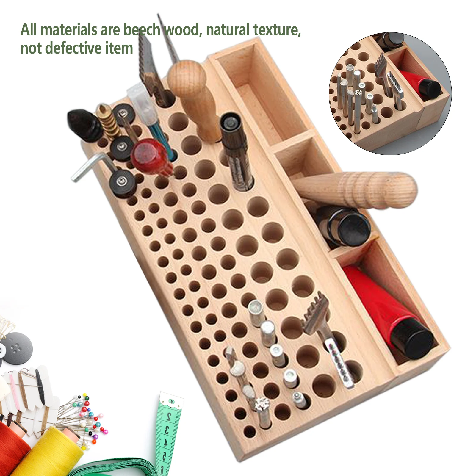 98 Holes Wooden Professional Leather craft Tool Holder Rack Stand with 3 Slot for Leather Working Making Punch Tools Organizer