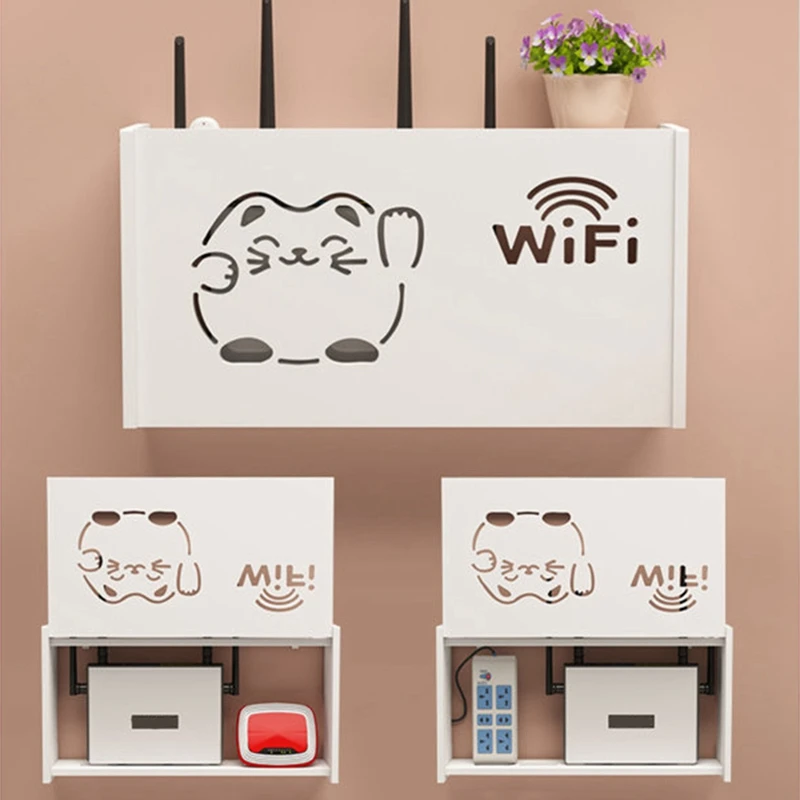 2 Piece Wifi Router Storage Box Outlet Set Top Cable Wooden Case Wall Mount Power Strip Switch Hide Shelf Hanging Organizers