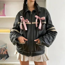 HOUZHOU Vintage Motorcycle Cropped Leather Jacket Women Japanese Y2k Streetwear Racing Jackets Pu Spring New Coquette Oversized