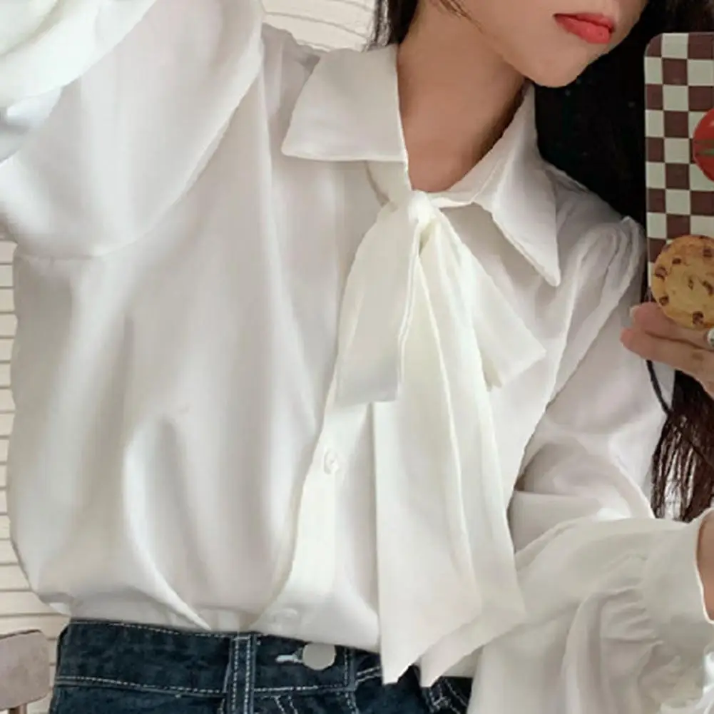 White Shirt Tie Bow Lapel Long Sleeves Women Shirt Casual Lantern Sleeve Autumn Shirt Blouse Female Clothing Women Commute OL