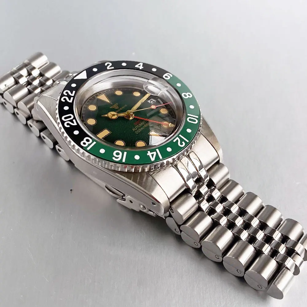 Tandorio Bubble с сапфировым стеклом 38 мм NH34 GMT автоматические часы мужские 200 м водонепроницаемые матовые текстуры зеленый циферблат Lume стальной браслет