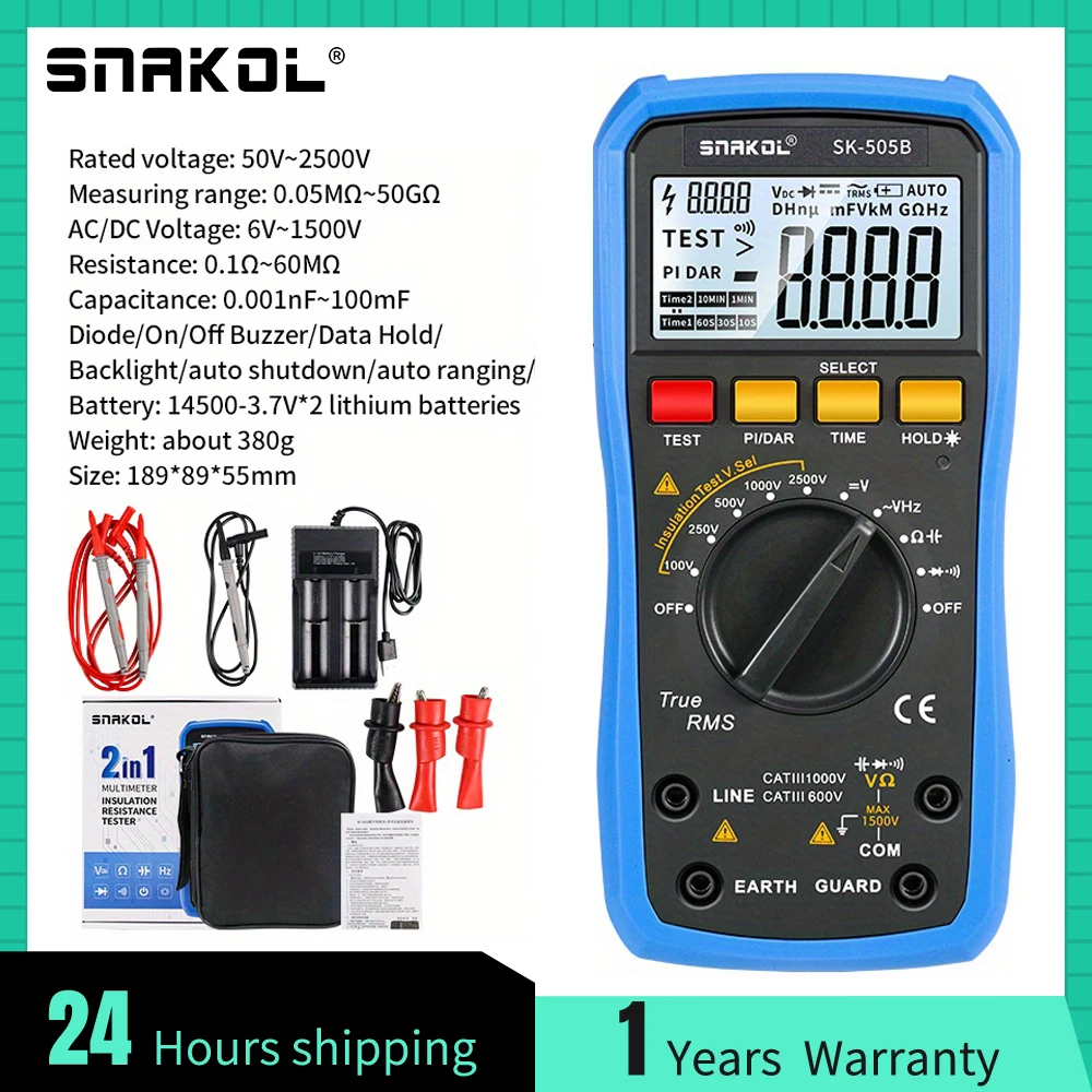 Snakol SK-505B มัลติมิเตอร์แบบดิจิตอล 2500V Megohmmeter โวลต์มิเตอร์ 50GΩ เครื่องทดสอบความต้านทานฉนวน AC/DC แรงดันไฟฟ้า Resistor Meter