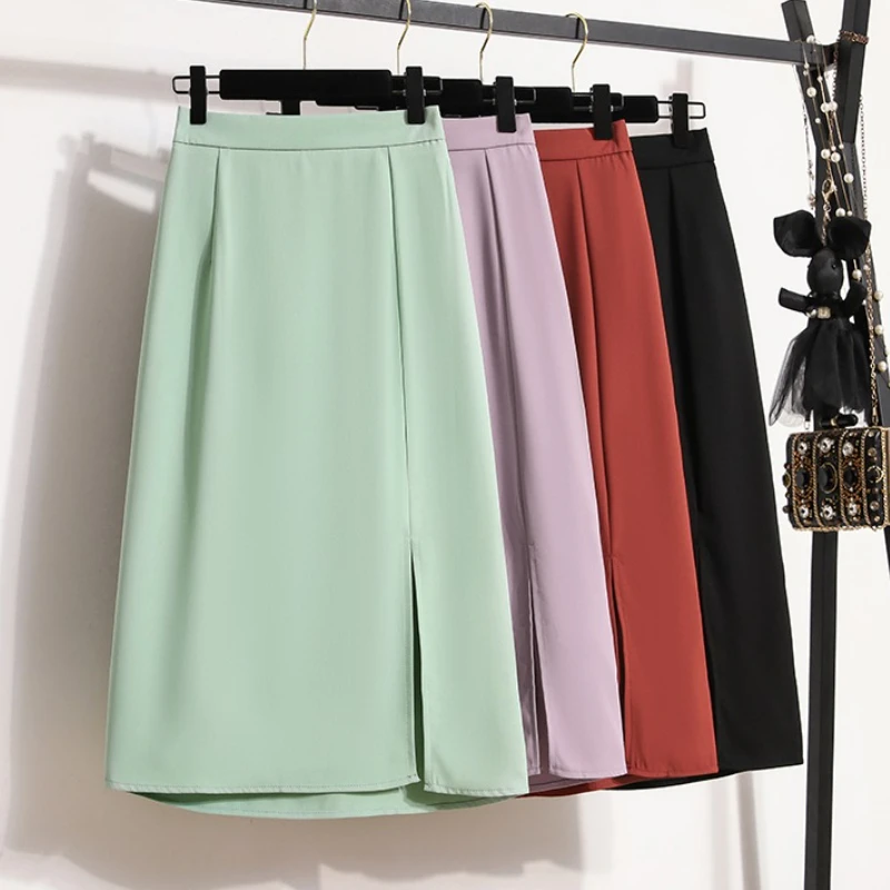 

Plus Size Open Slit Sexy Party Skirts Women Korean Style High Waist Solid Elegant Skirt Summer A-line Suit Skirts Y2k Clothes