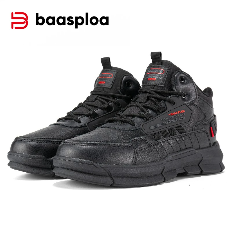 Baasploa New Hiking Shoes Men Winter Warm Waterproof Leather Plush Sneakers Male Casual Non-slip Wear-resistant Walking Shoes