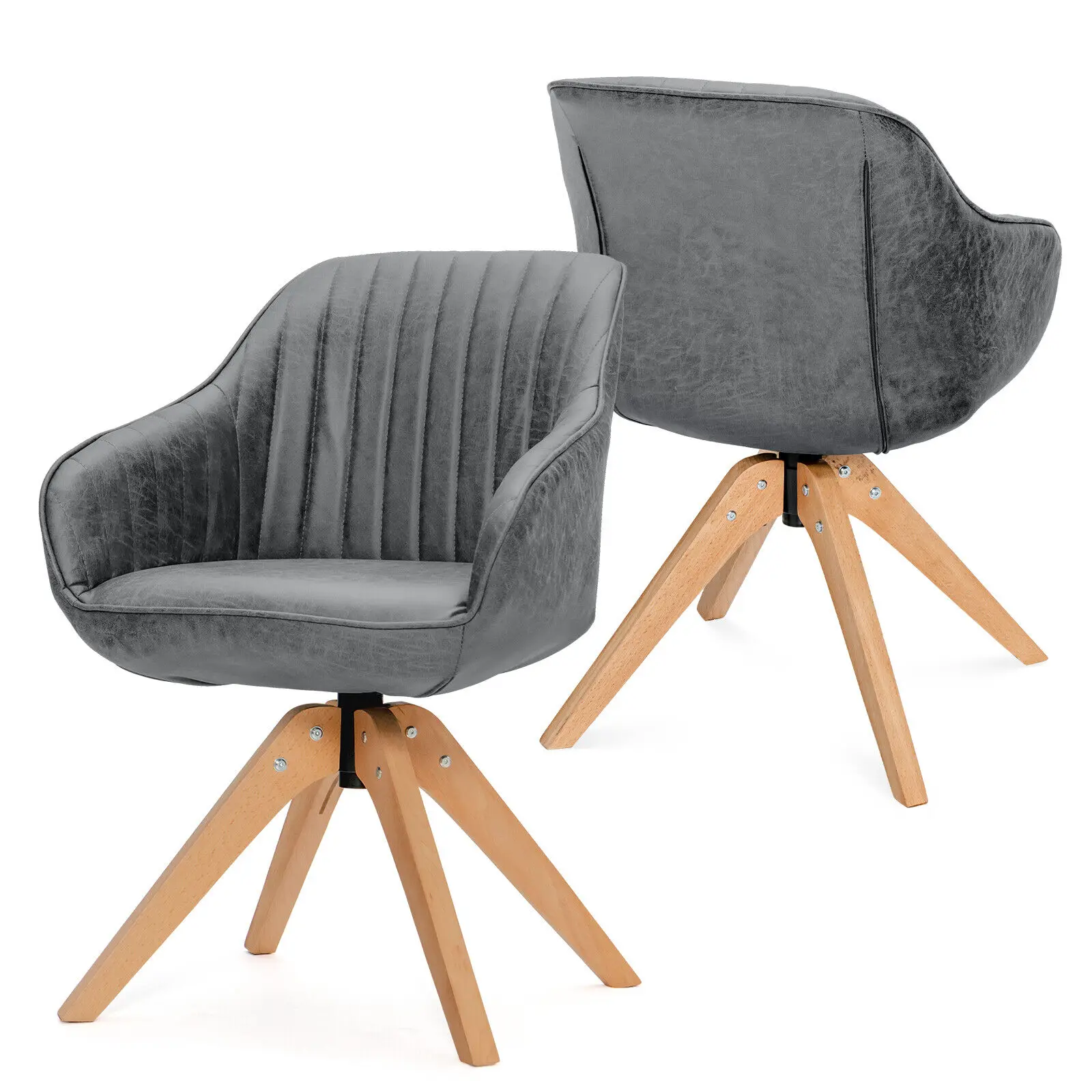 Costway Set of 2 Swivel Accent Chair Modern Leathaire Armchairs w/ Beech Wood Legs Grey