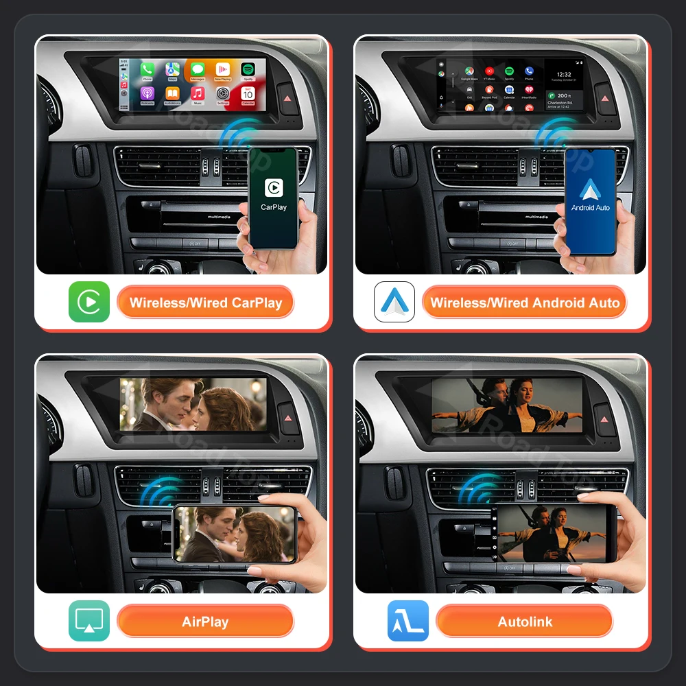 شاشة لينكس الوسائط المتعددة للسيارة مقاس 8.9 بوصة لأودي A5 2008-2016 مع CarPlay اللاسلكي Android Auto Airplay Autolink