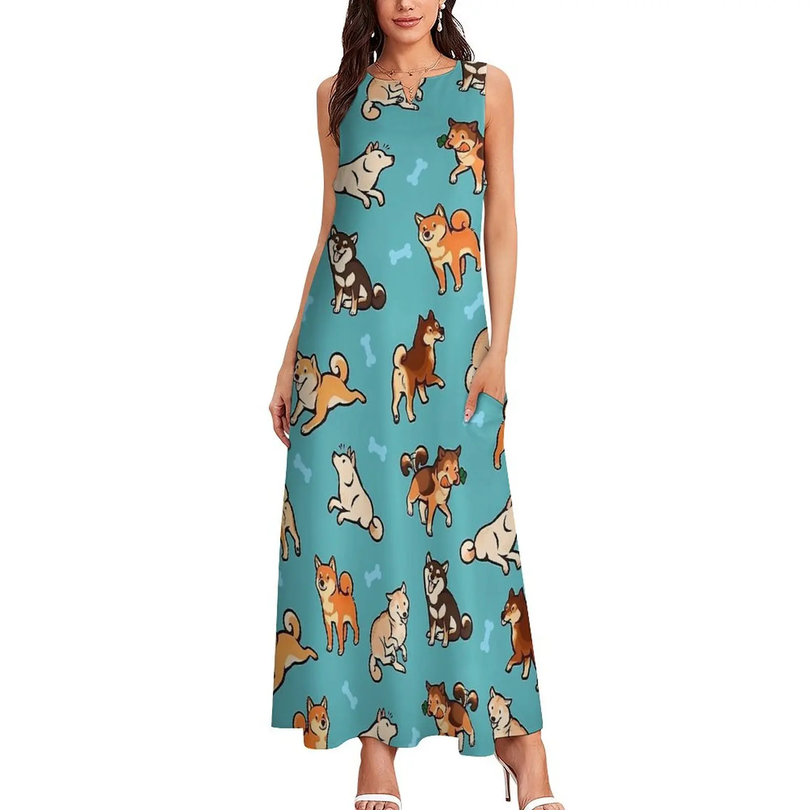 Robe longue décontractée à imprimé animal pour femmes, robes Shiba mignonnes, robe maxi Kawaii, esthétique drôle, cadeau d'urgence, été