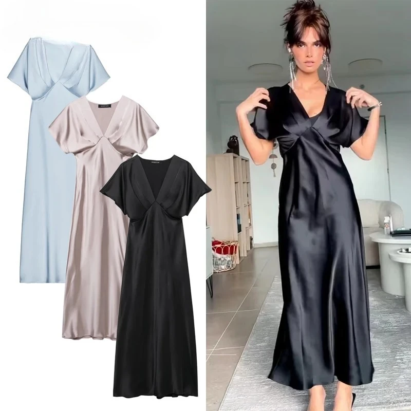 BWQ 2026 Satin Long Dress Woman Black Draped Midi Dresses for Women Elegant Party Women Dresses Short Sleeve Chic Female Dress