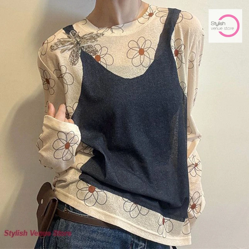 Korean design color matching printing micro-transparent thin sunscreen shirt female summer loose slim long-sleeved T-shirt top
