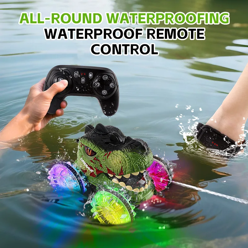 Vierwielaandrijving amfibische dinosaurus hoofd stunt auto gebaar inductie licht afstandsbediening waternevel speelgoed monster auto