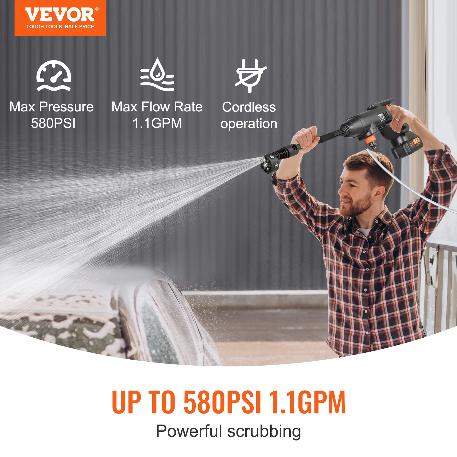 VEVOR Cordless Pressure Washer 580-PSI 1.1 GPM Portable Power Cleaner Handheld High-Pressure Car Washer Gun with 4.0Ah Battery