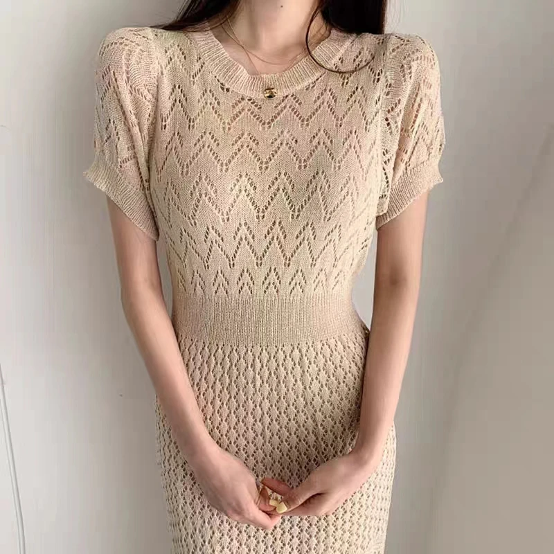 Korean Fashion Summer Dress Women Knitted Hollow Out Short Sleeve O-neck Slim Elegant Long Dresses Office Lady Vestidos Clothing